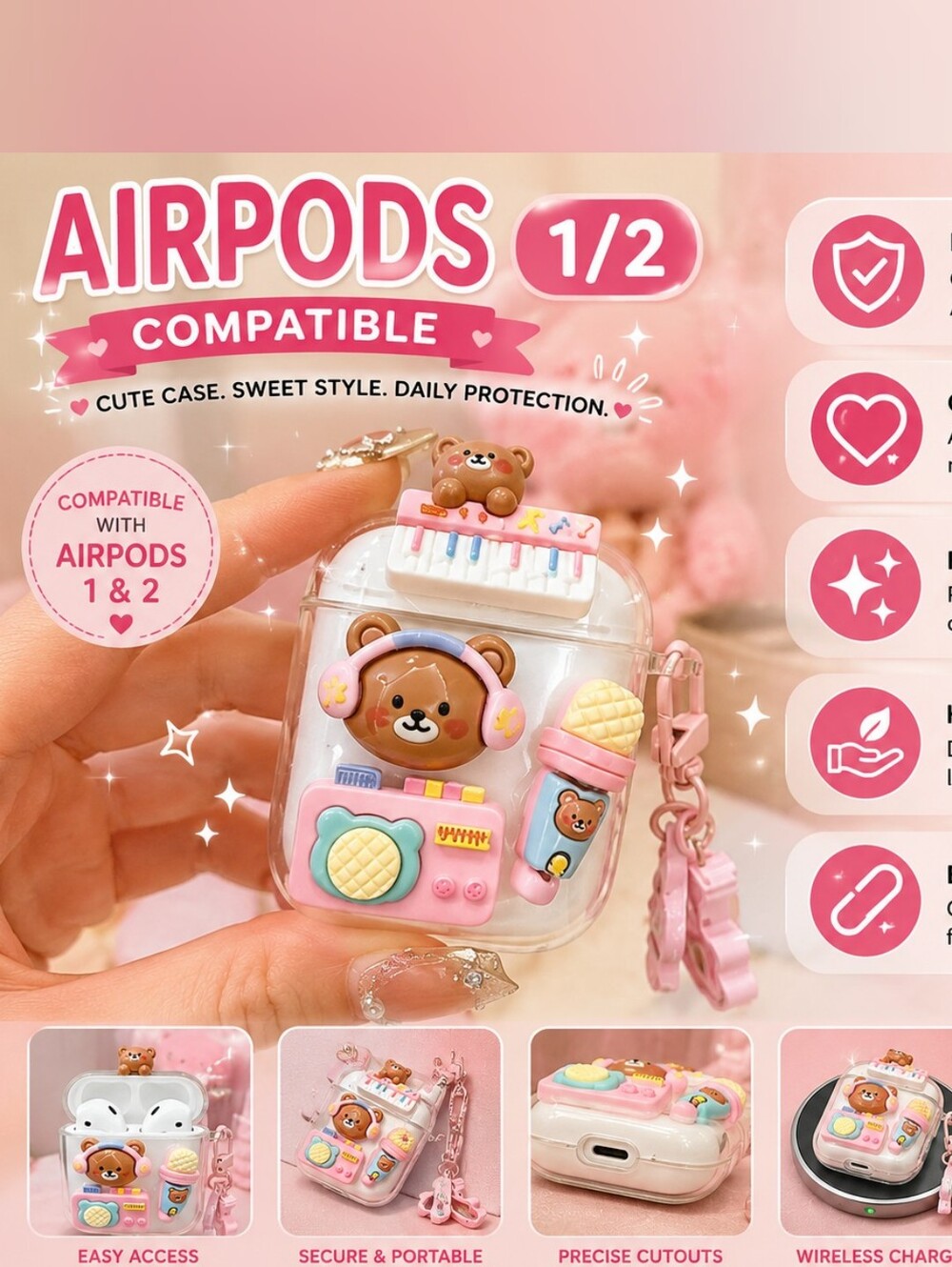 CUTE PINK BEAR AIRPODS CASE COMPATIBLE 1/2 Cover -